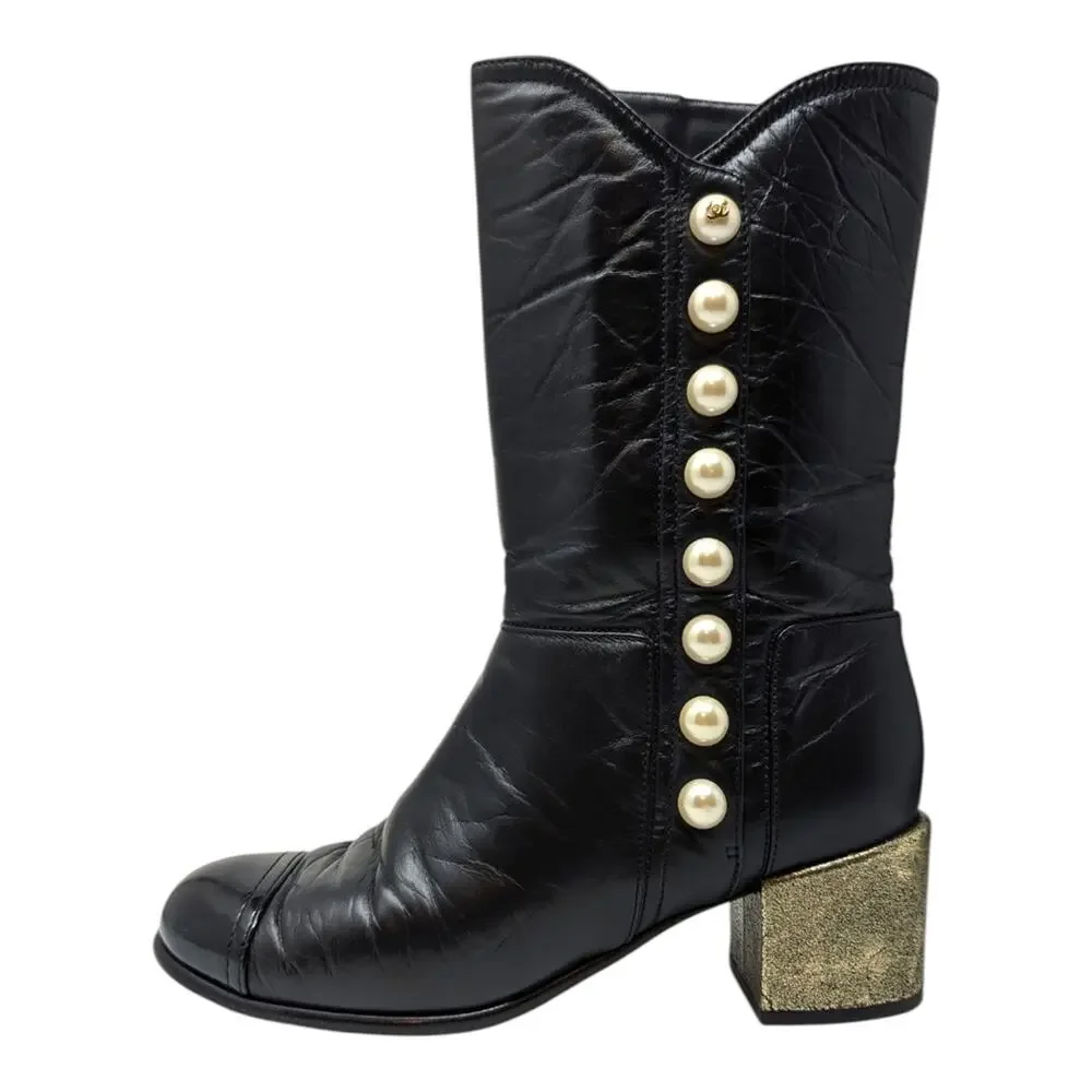 Chanel 2016 Aged Calfskin Ankle Boots Black Pearl Button CC Logo 36.5 | 6